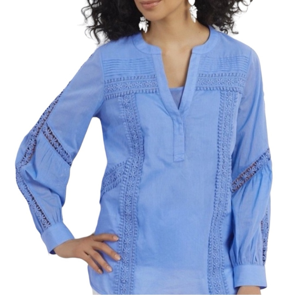 Soft Surroundings Trianon Blue Cotton Crochet Lace Long Sleeve Top Size M